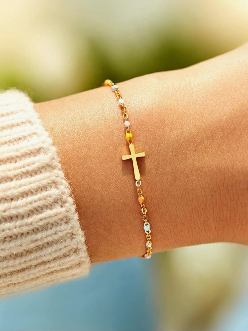 Gold Cross Beaded Bracelet - NEW IN BOX